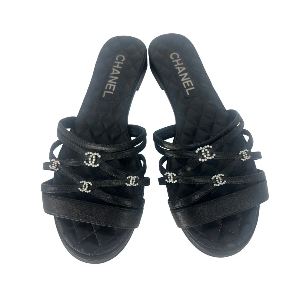 Chanel 2019 Quilted CC Pearl Leather Slide Sandals Black 36.5